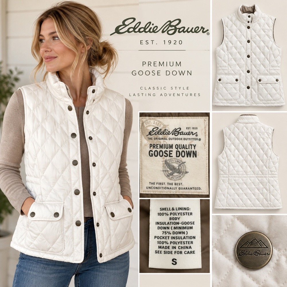 Eddie Bauer Women White Quilted Premium Goose Down Puffer Vest Size S